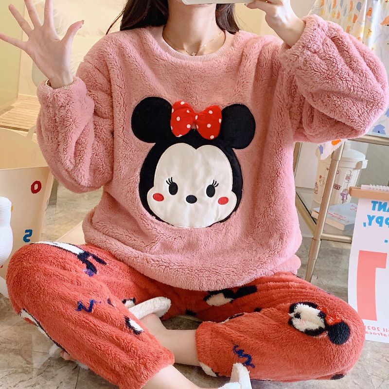 長毛絨睡衣女法蘭絨加厚秋冬保暖珊瑚絨睡衣可愛韓版套裝家居服