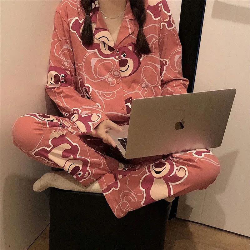 睡衣女ins韓國可愛草莓熊長袖春秋款卡通少女網紅冬天家居服套裝