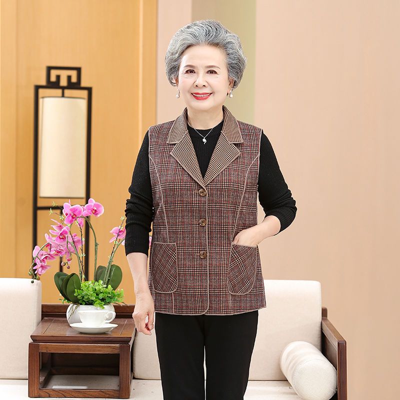 Elderly women's spring and autumn vest thin jacket jacket mother wears large size outerwear vest old lady short waistcoat