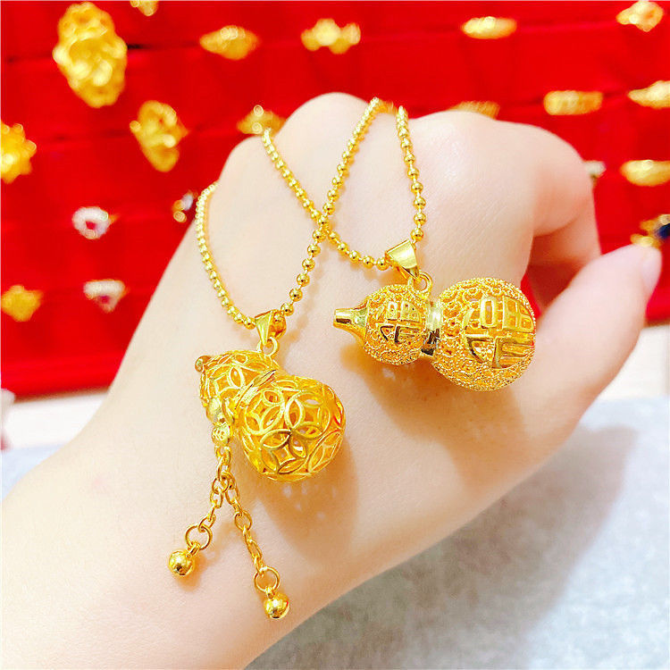 黄金项链女3d硬金福字葫芦吊坠 9999千足金细锁骨链子24k纯金首饰