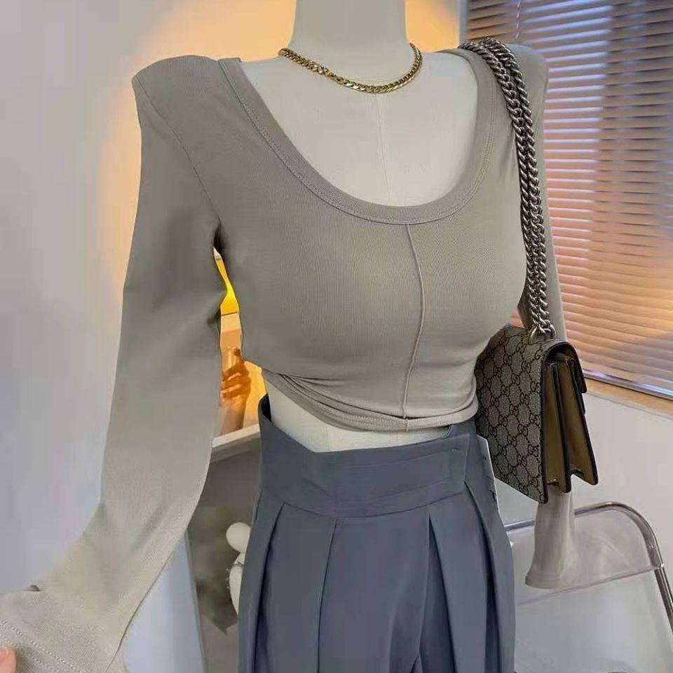75649-2021早秋新款打底衫女U领修身针织上衣长袖垫肩短款紧身白色内搭-详情图