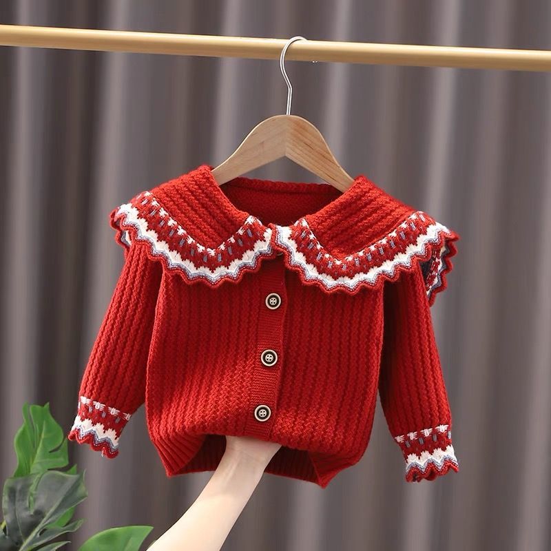 Girls' autumn and winter new cardigan sweater girls' big Lapel foreign style jacket children's Korean foreign style lace sweater