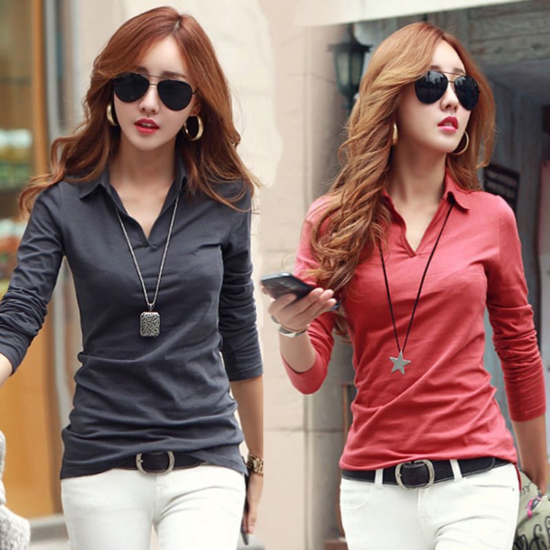 Pure cotton collared casual 2022 new spring and autumn dress long-sleeved V-neck t-shirt women's lapel Polo shirt top T-shirt