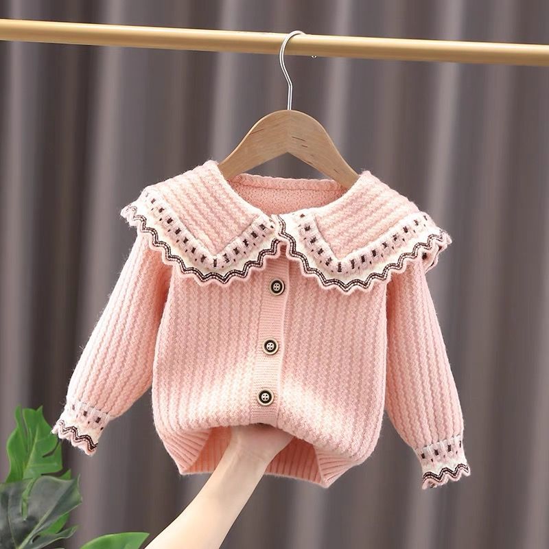 Girls' autumn and winter new cardigan sweater girls' big Lapel foreign style jacket children's Korean foreign style lace sweater