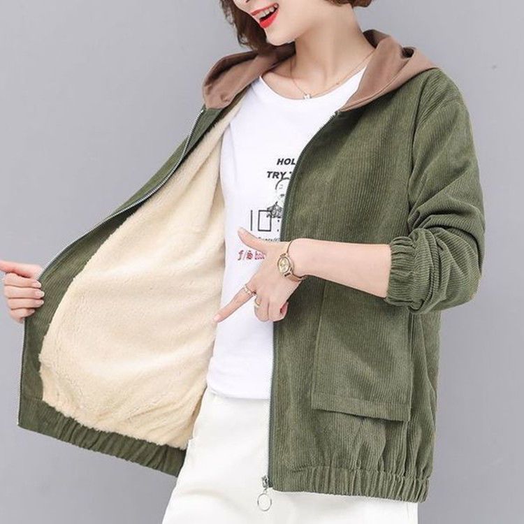 Autumn and winter plus velvet thickened corduroy jacket women's new plus size foreign style all-match fashion hooded sweater