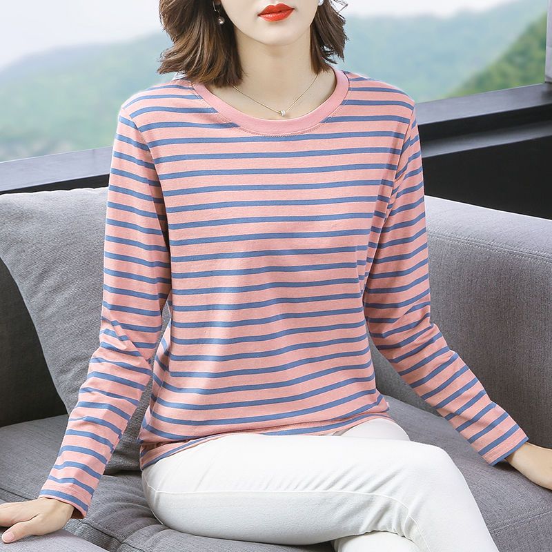 Pure cotton long-sleeved T-shirt women's large size 2021 new autumn top middle-aged mother loose belly-covering bottoming shirt