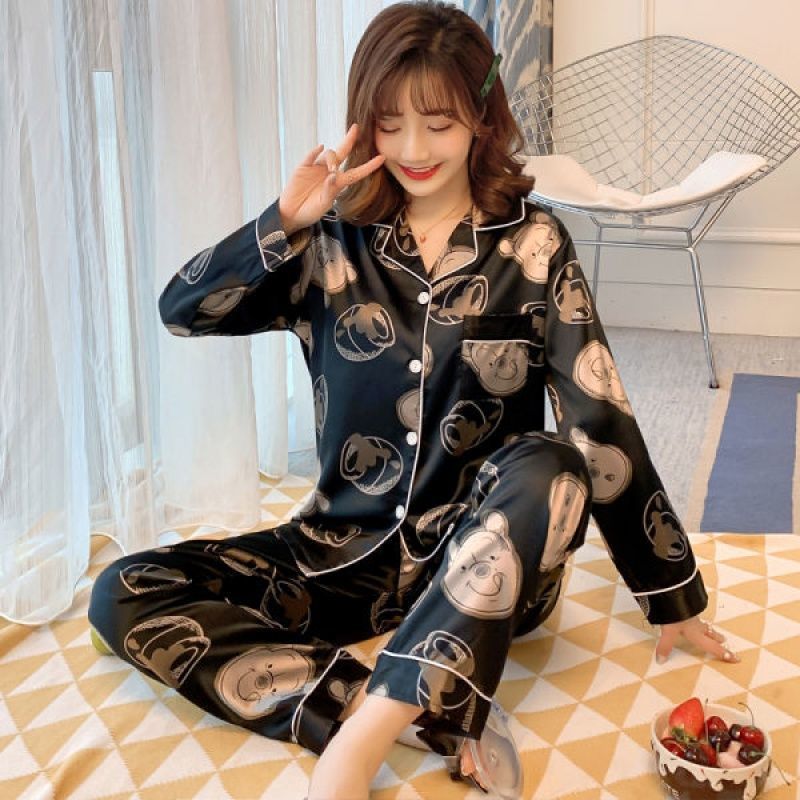 M-5XL pajamas women's spring and autumn ice silk long-sleeved Korean version cute two-piece suit sexy large size summer home service
