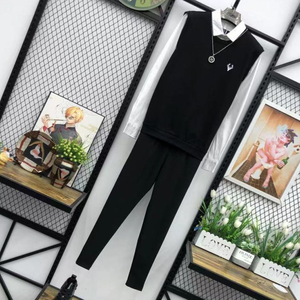 Suit men's self-cultivation fake two-piece vest shirt, small-footed trousers, a set of fast-handed two-piece suits, one-piece/suit