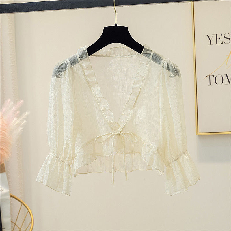 Super fairy chiffon small shawl women's summer thin cardigan with white short small shawl with suspender skirt blouse