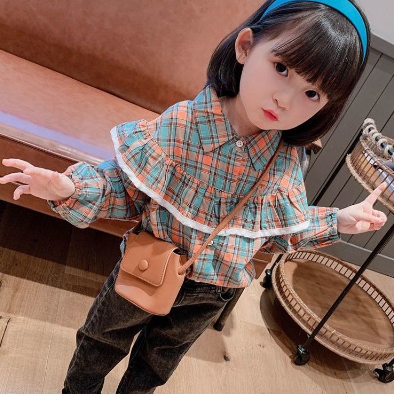 女童韓版格子洋氣襯衫2023新款春裝甜美荷葉邊娃娃衫潮流長袖襯衣