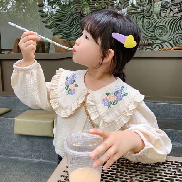 2023春秋款新可愛娃娃衫打底衫女童兒童翻領繡花襯衫女童長袖上衣