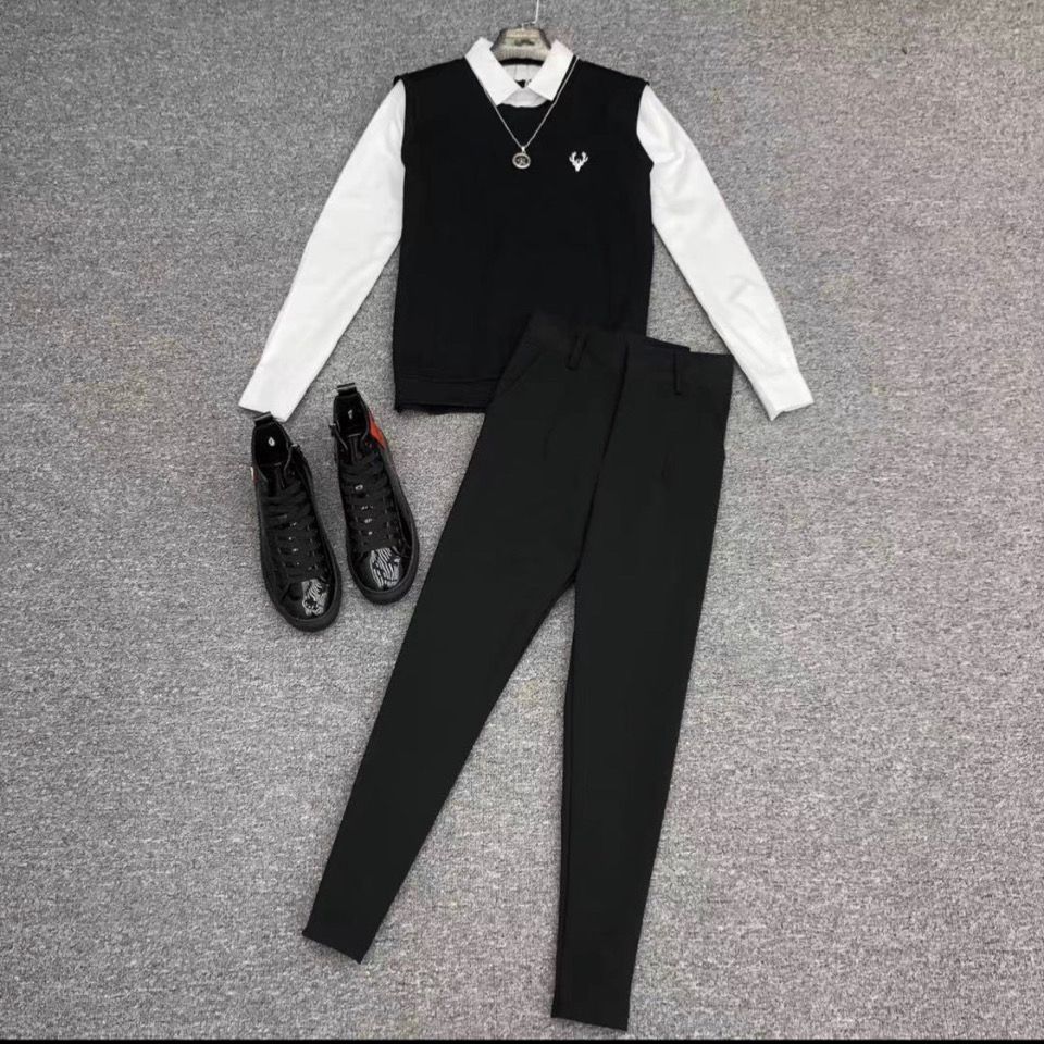 Suit men's self-cultivation fake two-piece vest shirt, small-footed trousers, a set of fast-handed two-piece suits, one-piece/suit