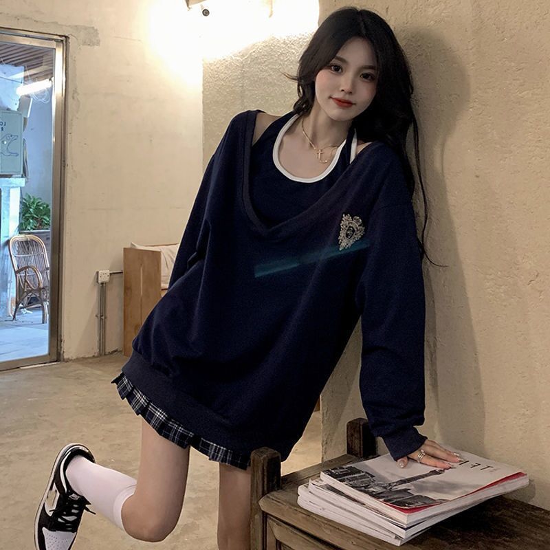 棉衛衣女ins潮慵懶風V領2021新款春秋薄款寬鬆韓版抹胸背心兩件套