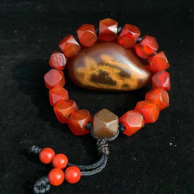 明清天然唐八棱老玛瑙桶珠手链手串柿子红药师珠转运佛珠念珠手持