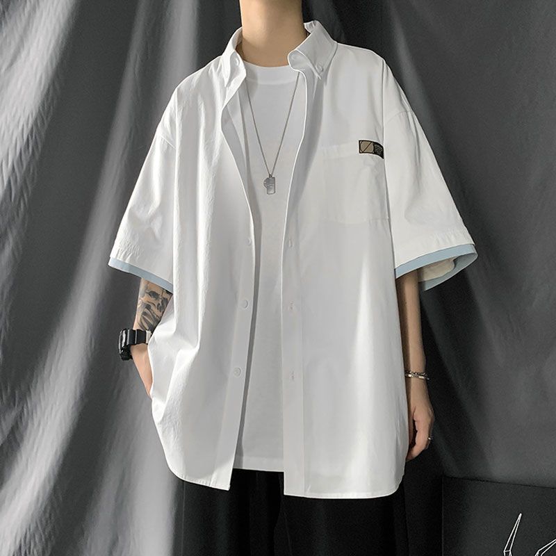 [Four-piece set] Japanese summer short-sleeved shirt men's fashion college handsome casual top couple Harajuku coat