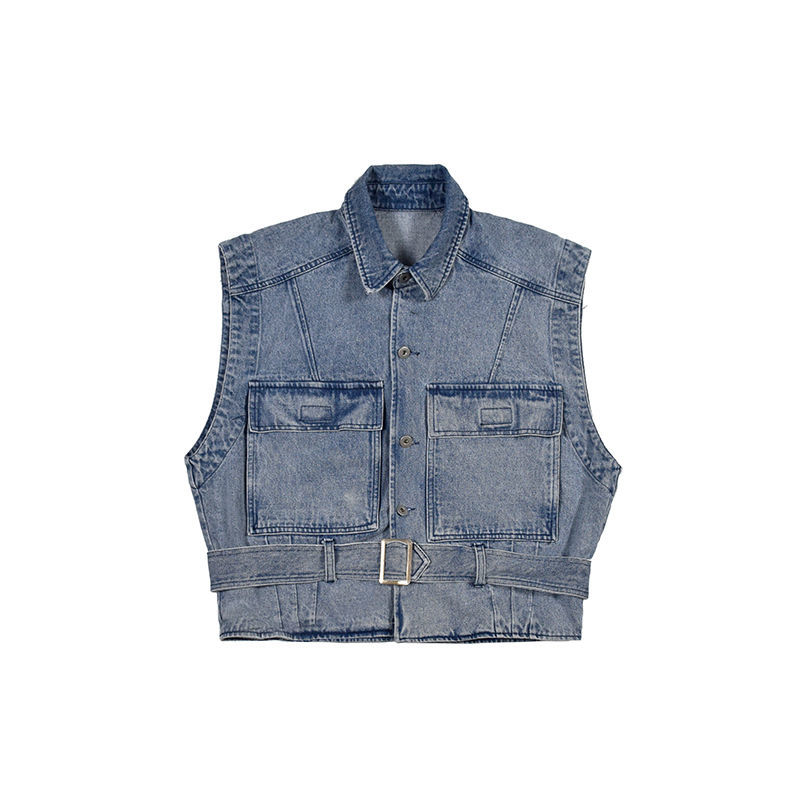 European and American high street trendy brand washed old denim vest for men and women all-match outerwear tooling vest jacket