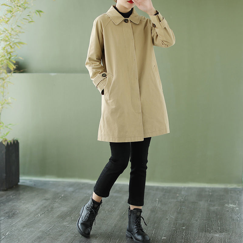 Washed cotton windbreaker women's mid-length autumn Korean style large size loose coat spring and autumn casual solid color windbreaker jacket