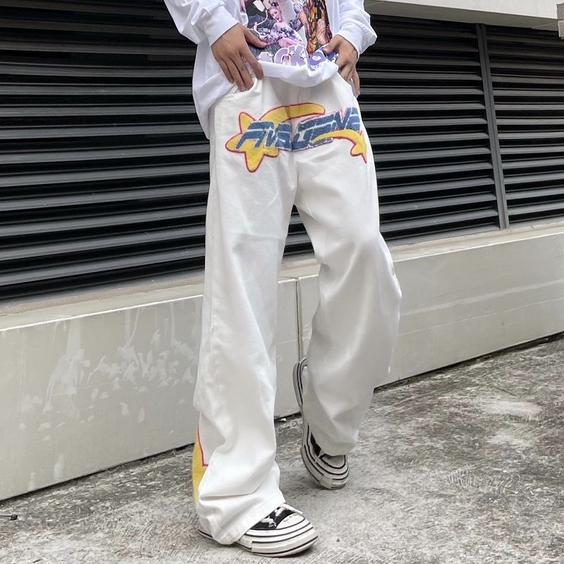 National trend high street straight-leg loose jeans men's American fashion brand trendy yellow and blue five-pointed star polar fleece embroidered trousers