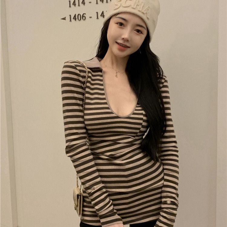 75866-复古港风条纹T恤女秋季v领纯欲修身内搭打底衫2021年新款长袖上衣-详情图