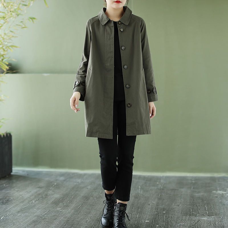 Washed cotton windbreaker women's mid-length  spring and autumn Korean style loose large size thin coat small coat