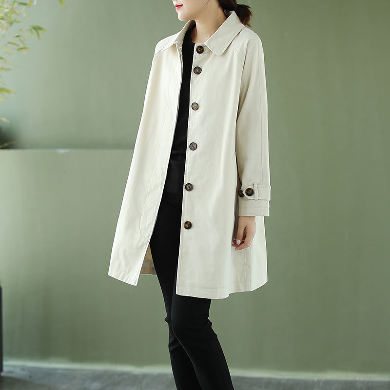 Washed cotton windbreaker women's mid-length  spring and autumn Korean style loose large size thin coat small coat