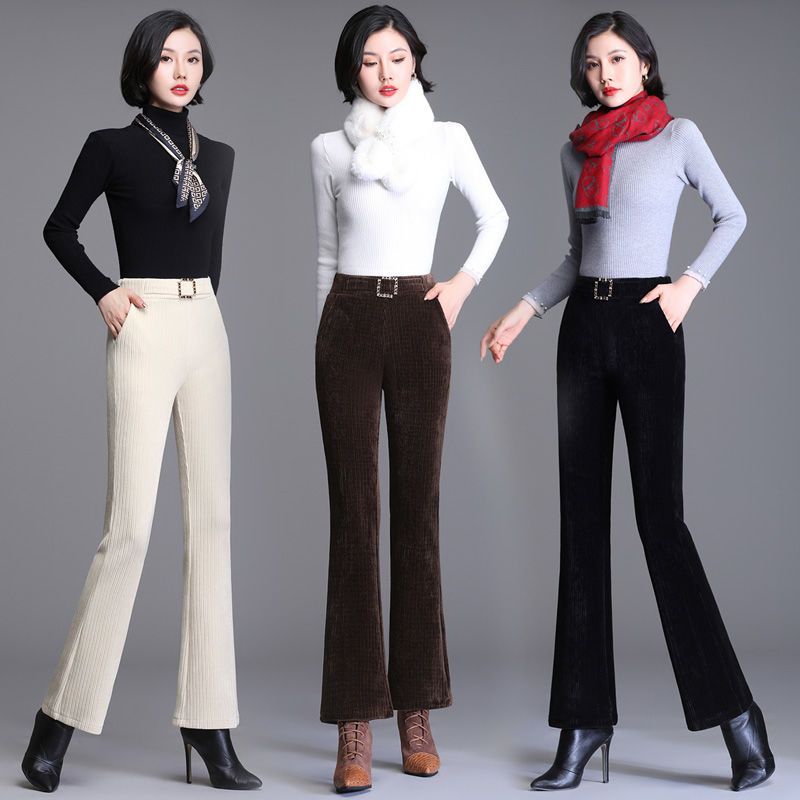 Chenille trousers women's  autumn and winter new high waist nine-point slim slim all-match vertical trousers women