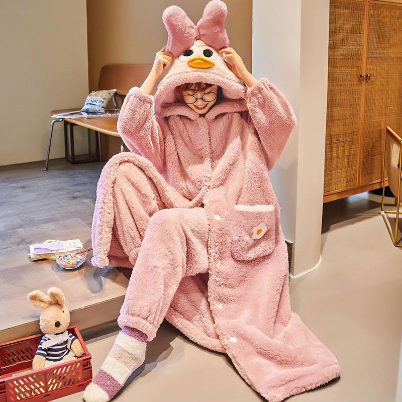 New autumn and winter coral fleece pajamas women's thickened home clothes cardigan flannel women's nightgown suits to keep warm in winter
