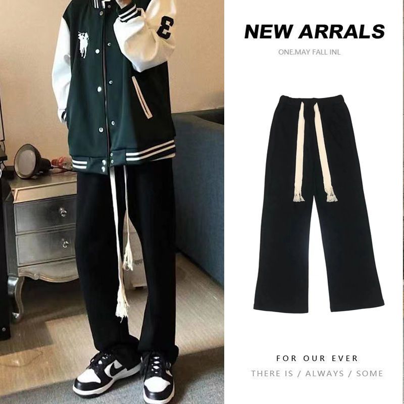 Ins trendy men's drawstring casual pants loose all-match spring and autumn models ruffian handsome trend men's and women's straight-leg mopping trousers