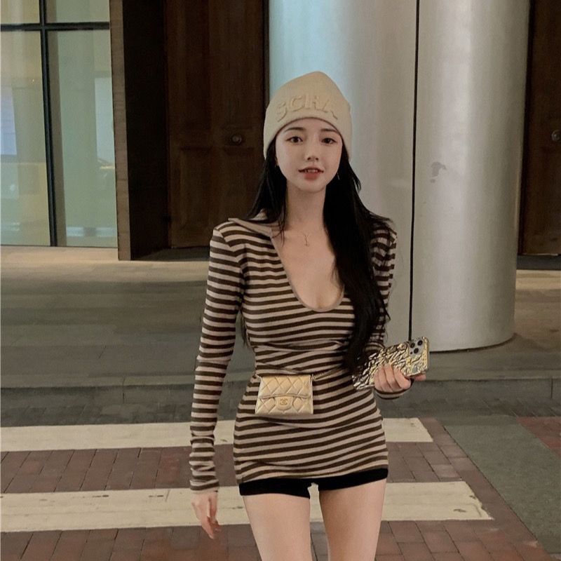 75866-复古港风条纹T恤女秋季v领纯欲修身内搭打底衫2021年新款长袖上衣-详情图