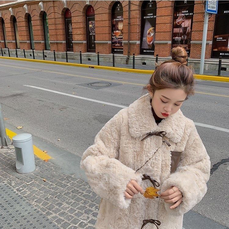 New style jacket autumn and winter imitation rabbit plush fur loose sweet bowknot thick fur coat foreign style horn buckle