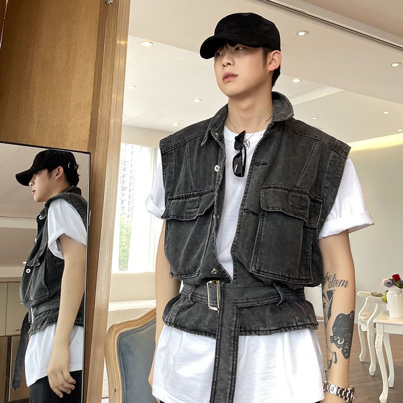 European and American high street trendy brand washed old denim vest for men and women all-match outerwear tooling vest jacket