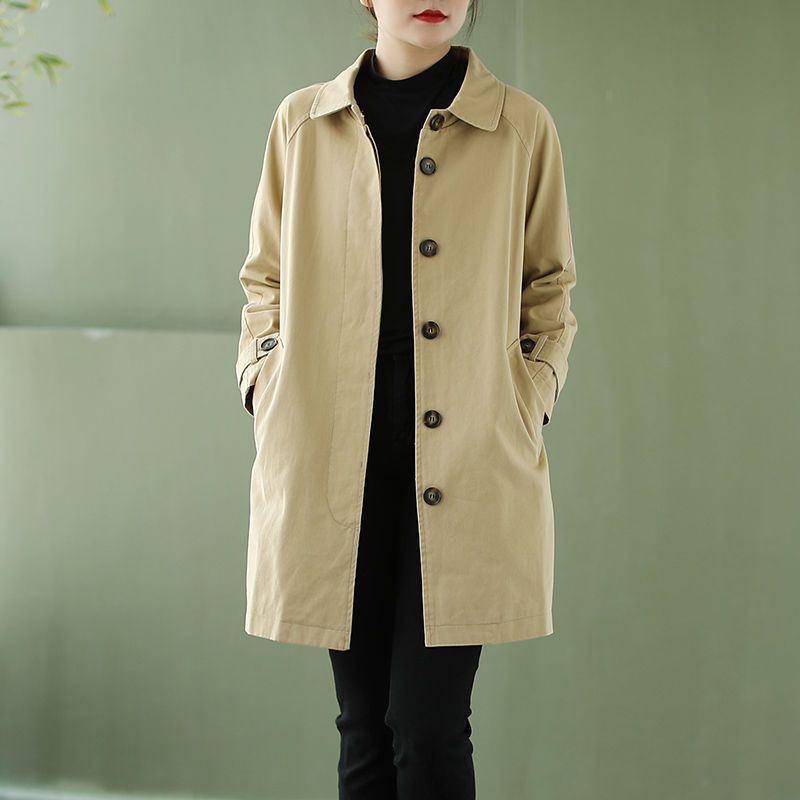 Washed cotton windbreaker women's mid-length  spring and autumn Korean style loose large size thin coat small coat