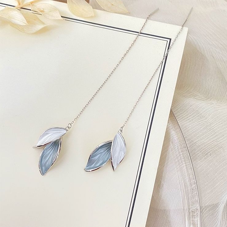 S925 silver needle Korean super fairy long tassel leaves new temperament net red ear wire ear jewelry
