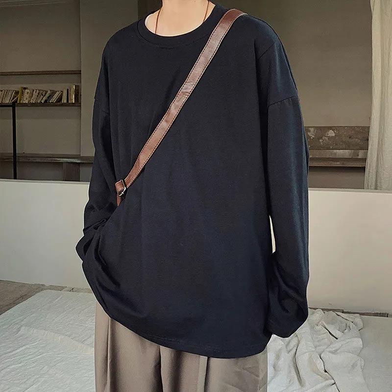 Spring and autumn long-sleeved t-shirt women's loose all-match Hong Kong trend brand simple casual round neck bottoming shirt solid color top clothes