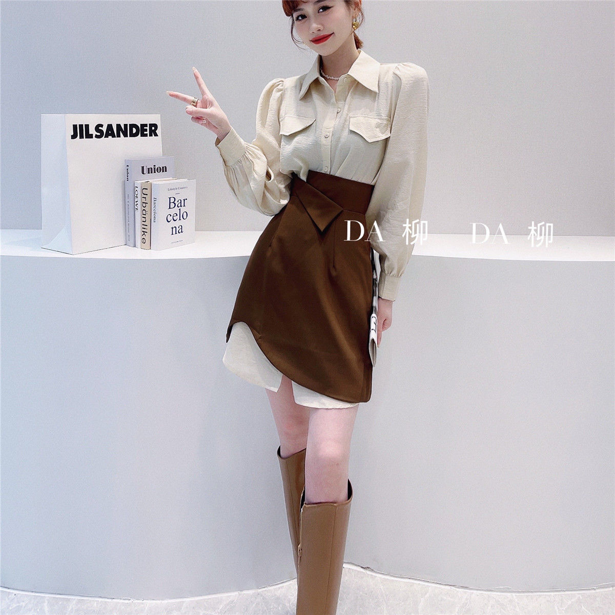 網紅兩件套套裝女2022秋新款休閒中長款襯衫裙+高腰顯瘦a字半身裙