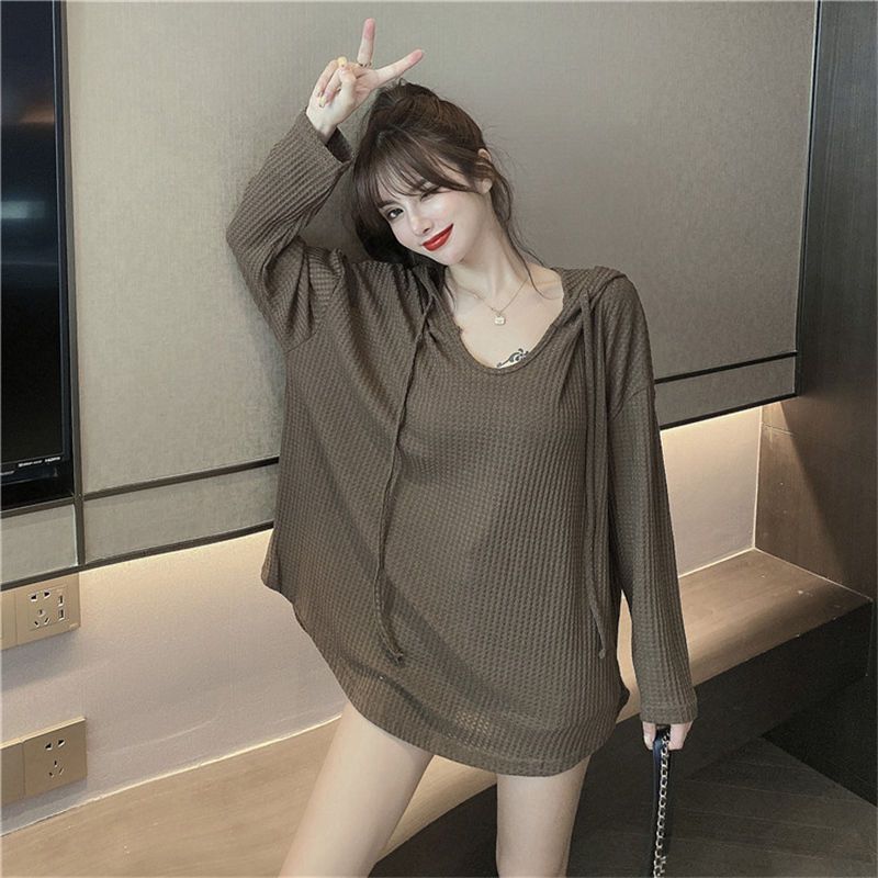 Waffle Spring and Autumn 2022 New Loose Lazy Wind Thin Jacket Hooded Pullover Women's Sweater Long Sleeve Top Trendy