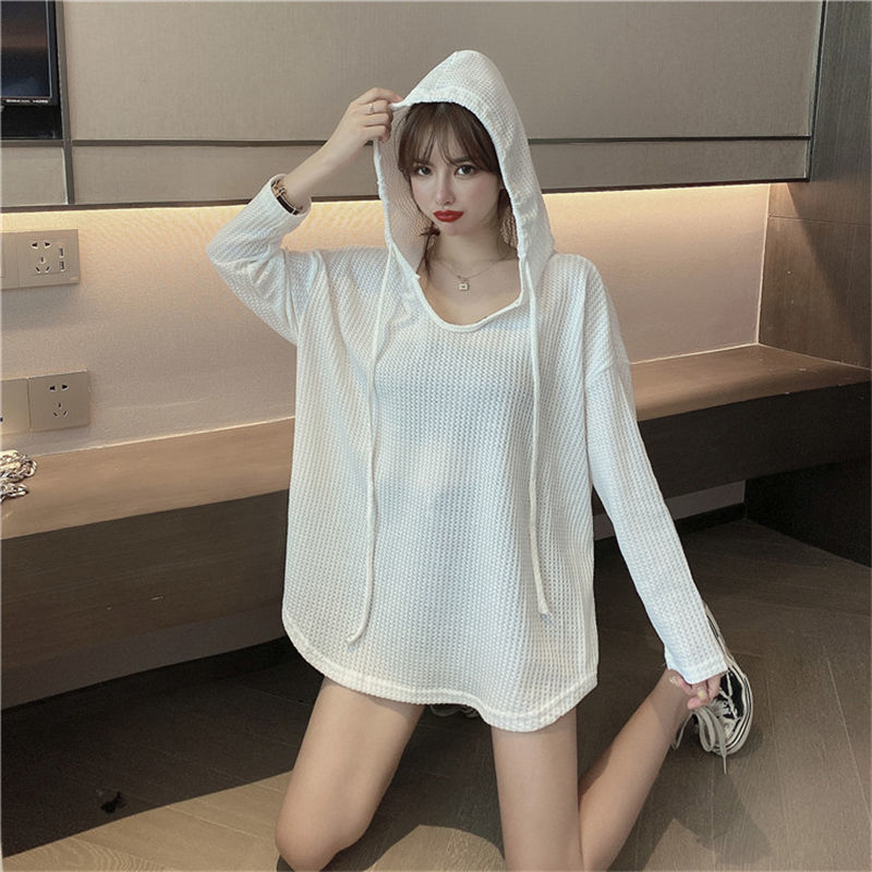 Waffle Spring and Autumn  New Loose Lazy Wind Thin Jacket Hooded Pullover Women's Sweater Long Sleeve Top Trendy