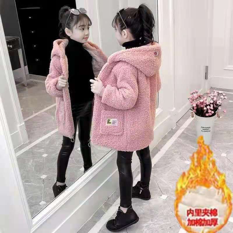 Girls spring, autumn and winter hooded cotton-padded jacket middle-length 21 new Korean version thickened lamb velvet big children's cotton-padded jacket coat
