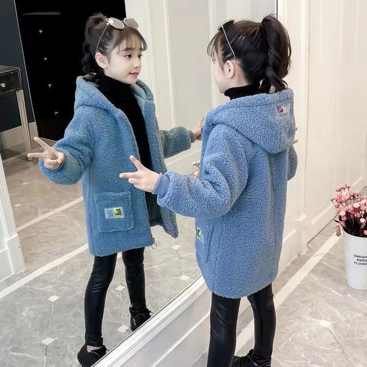 Girls spring, autumn and winter hooded cotton-padded jacket middle-length 21 new Korean version thickened lamb velvet big children's cotton-padded jacket coat