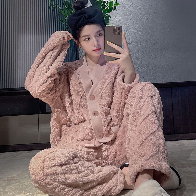 睡衣女士秋冬季珊瑚絨加厚加絨學生ins冬天法蘭絨家居服外出套裝