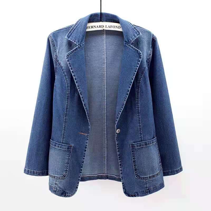 New spring and autumn denim jacket for women, slim fit, suit collar, solid color cardigan, trendy one-button top