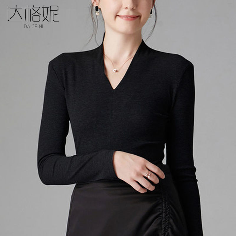 高檔t恤女v領長袖t恤女秋季修身顯瘦打底衫小心機性感百搭上衣潮