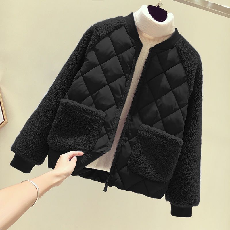 輕薄棉服女短款2023新款韓版寬鬆仿羊羔毛拼接棉衣小棉襖冬季外套