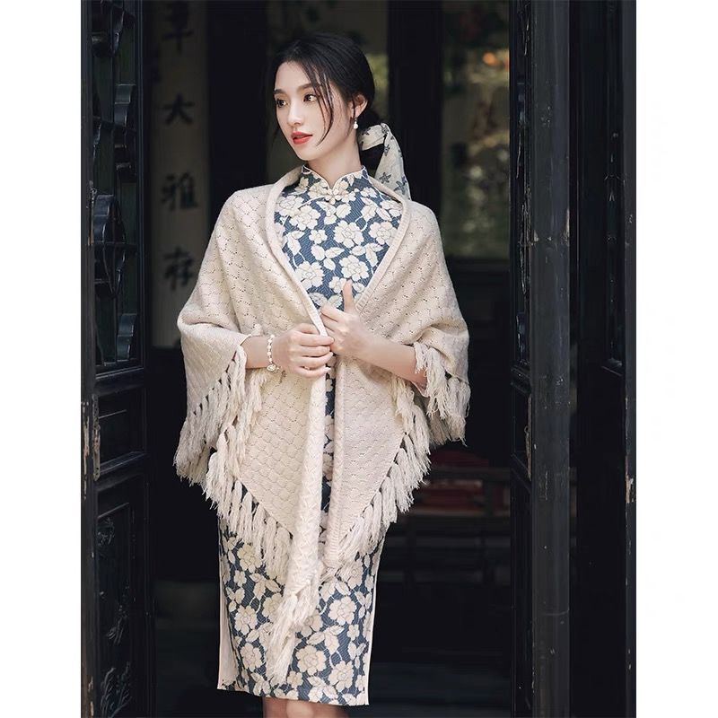 旗袍披肩外搭秋季改良复古针织开衫流苏外套民国风老上海斗篷百搭