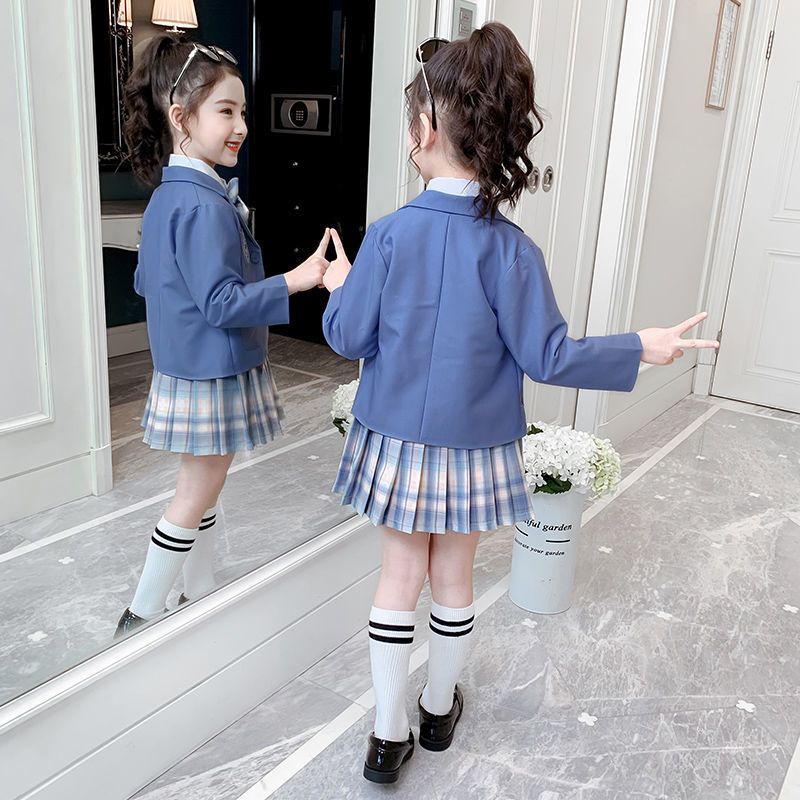 女童JK套装春装2023新款儿童学院风三件套女孩西装外套百褶裙洋气