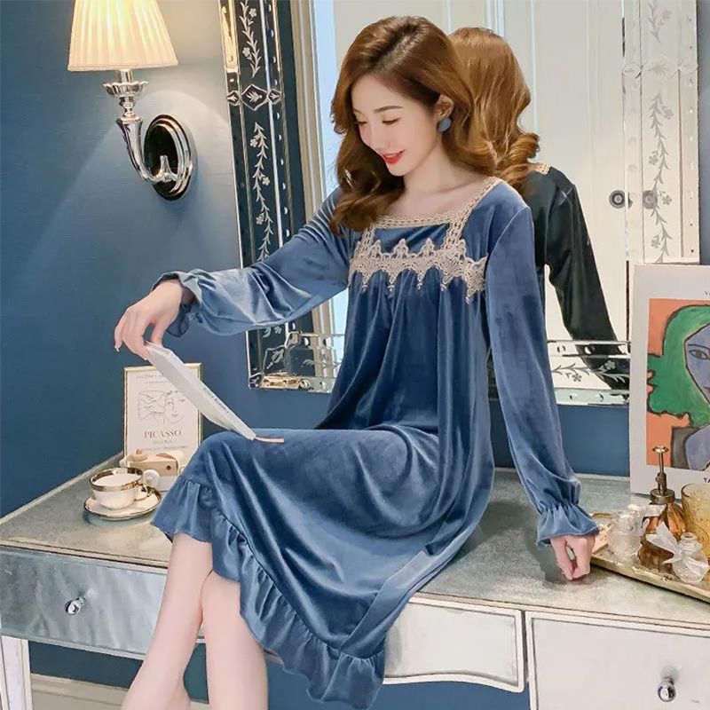 Gold velvet nightdress female spring and autumn long long sleeves thin section knee to ankle lace cute sexy pajamas