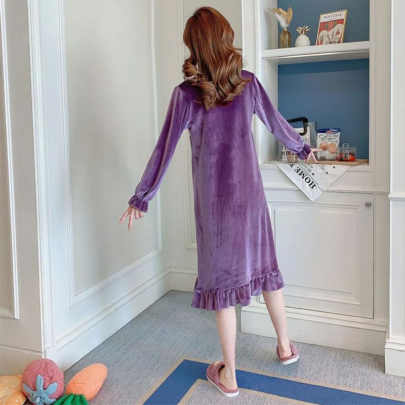 Women's pajamas spring and autumn golden velvet long-sleeved sexy loose over-the-knee nightdress long skirt home service 2022 new autumn and winter