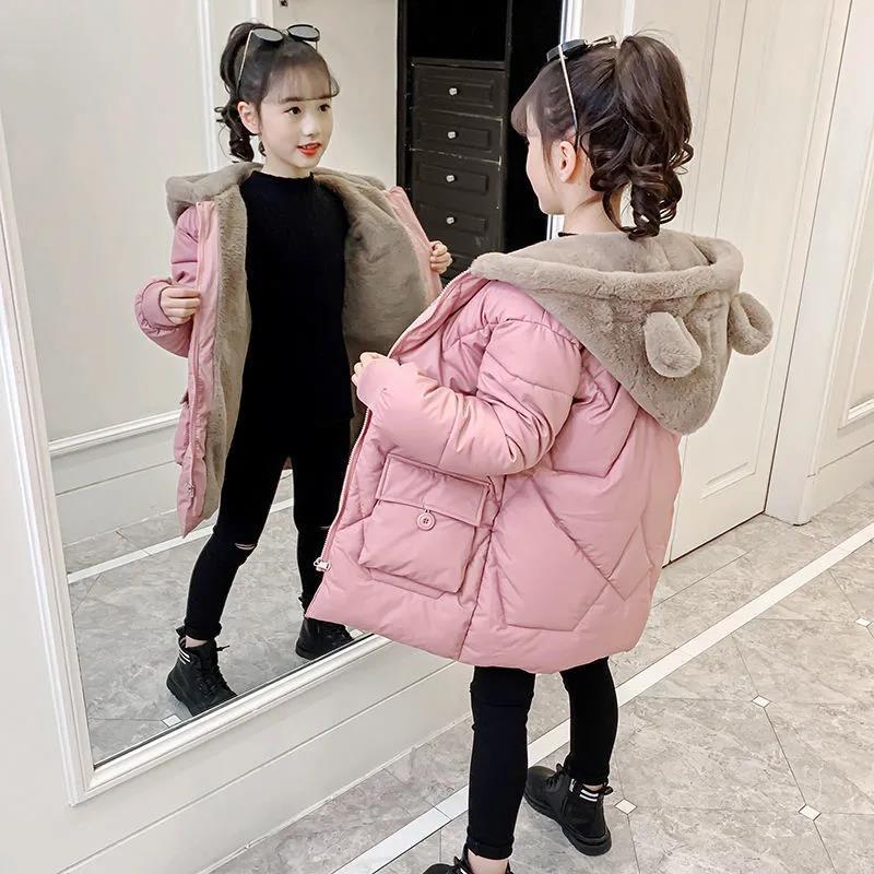 女童秋冬外套加绒棉服中长款可爱小熊棉衣洋气羽绒棉袄小女孩冬装