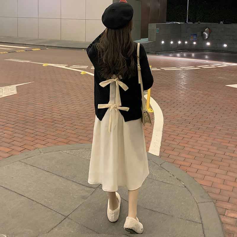 後背開叉蝴蝶結綁帶毛衣套裝女秋冬季新款寬鬆外穿設計感吊帶裙潮