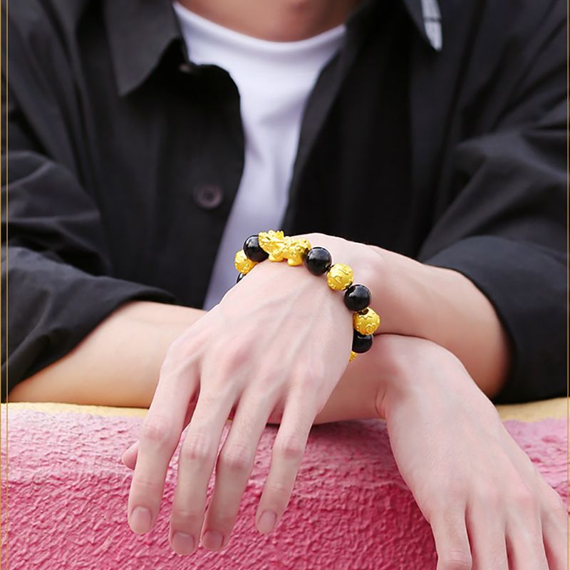 越南沙金貔貅手链男女士久不掉色镀金黑曜石招财厚金情侣手串正品 虎窝拼